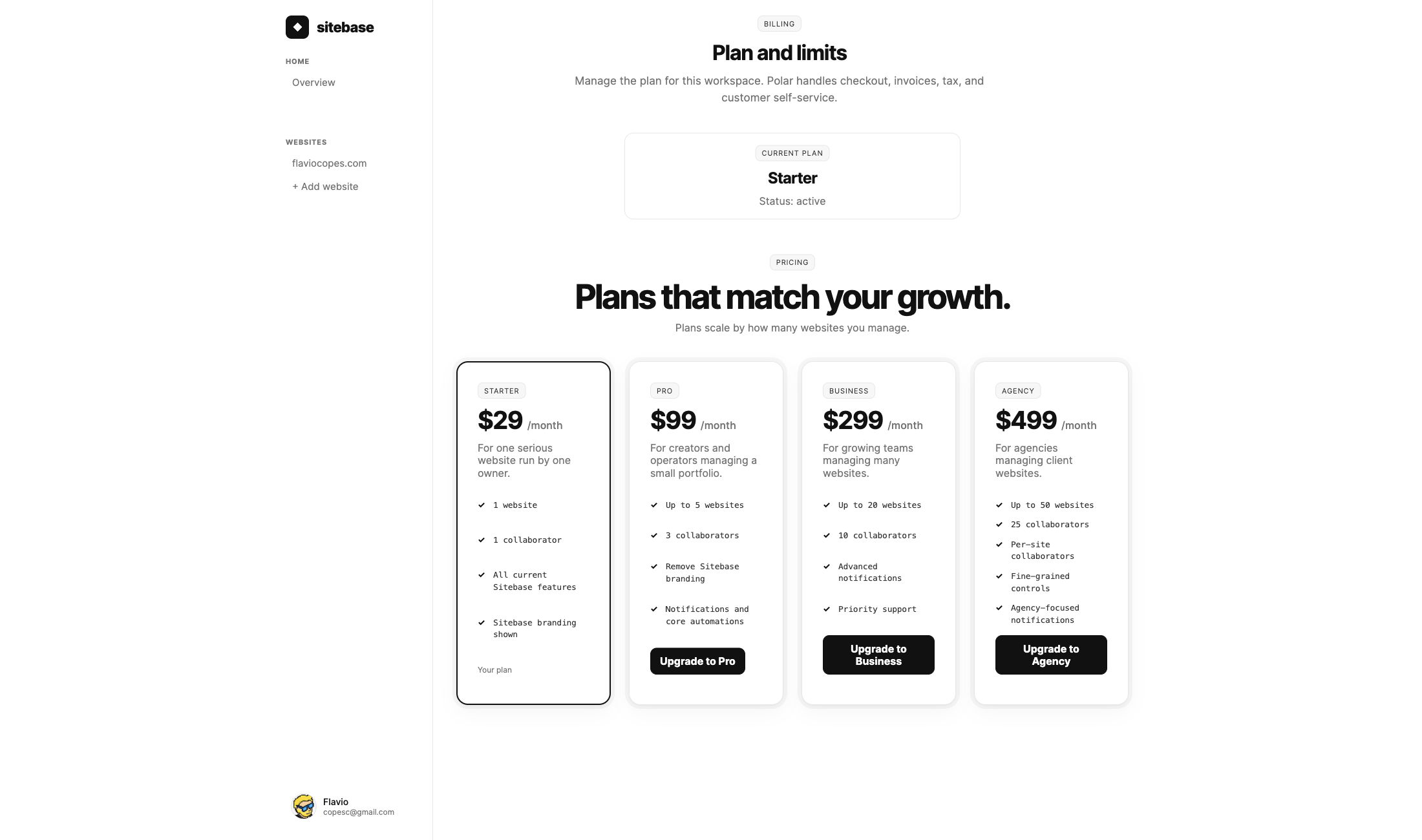 The billing page with the Starter, Pro, Business, and Agency plans