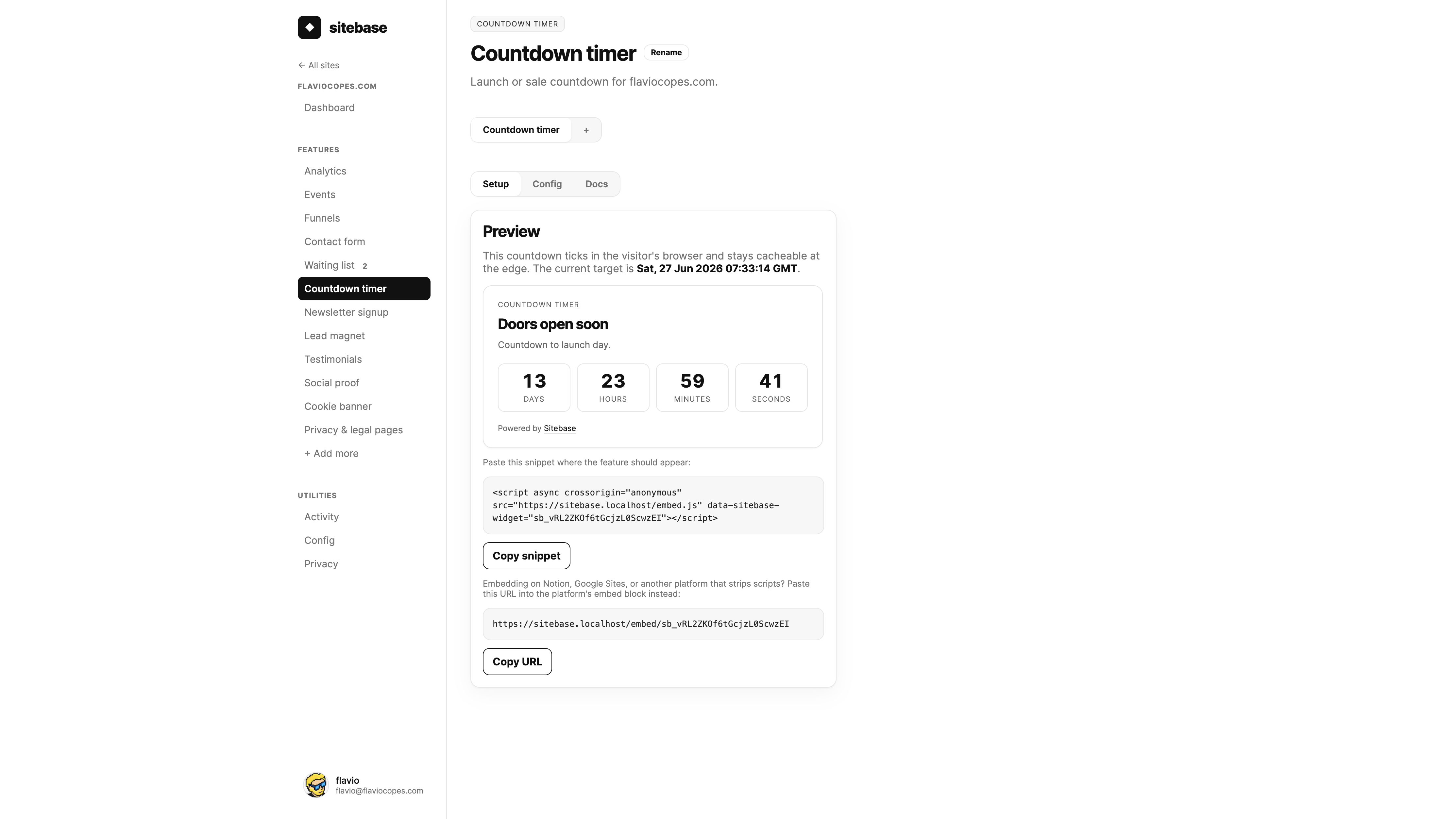 A countdown timer Setup tab showing the live preview, script snippet, and hosted embed URL