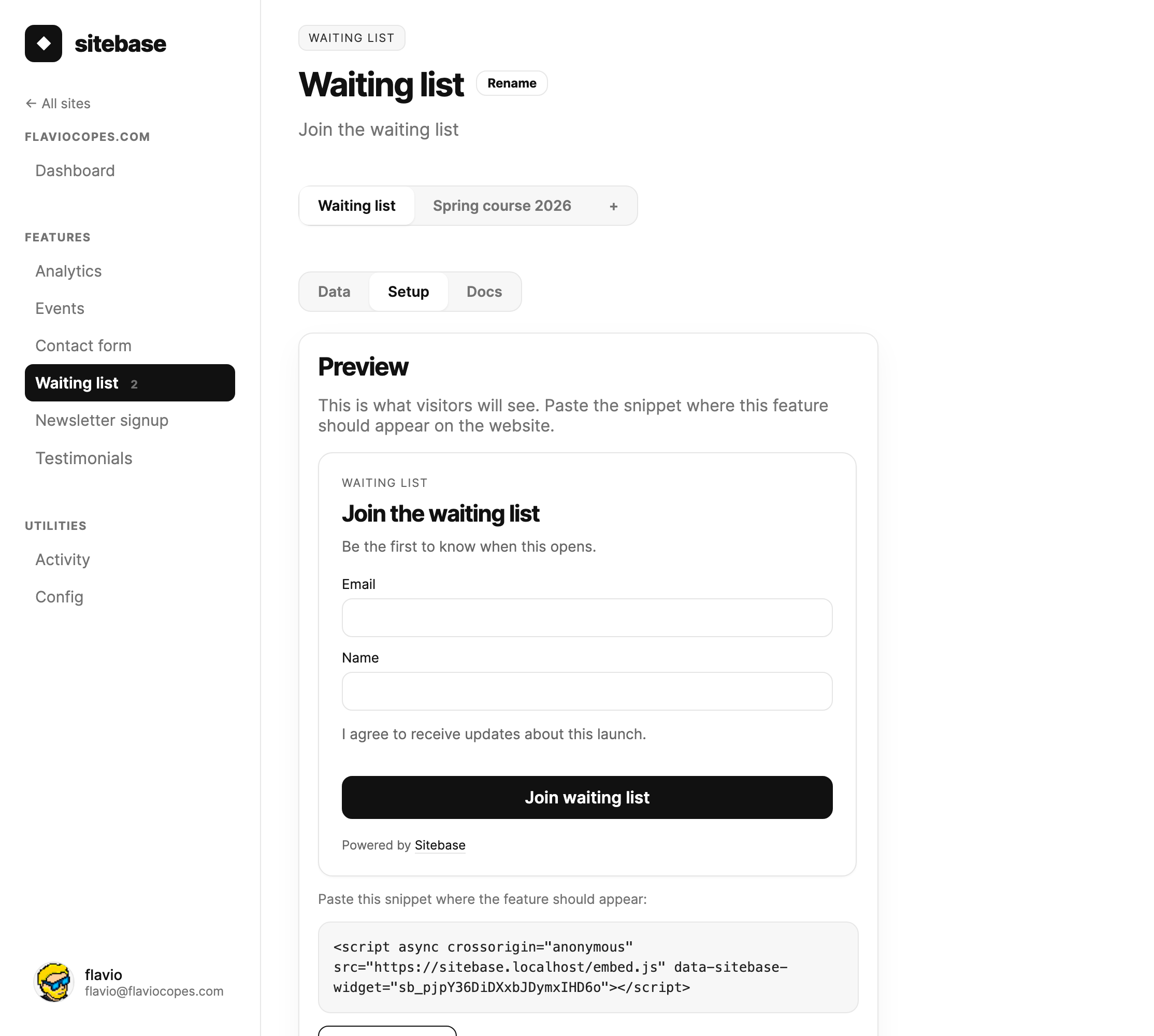A waiting list Setup tab showing the live preview with the embed snippet visible below it and a copy button