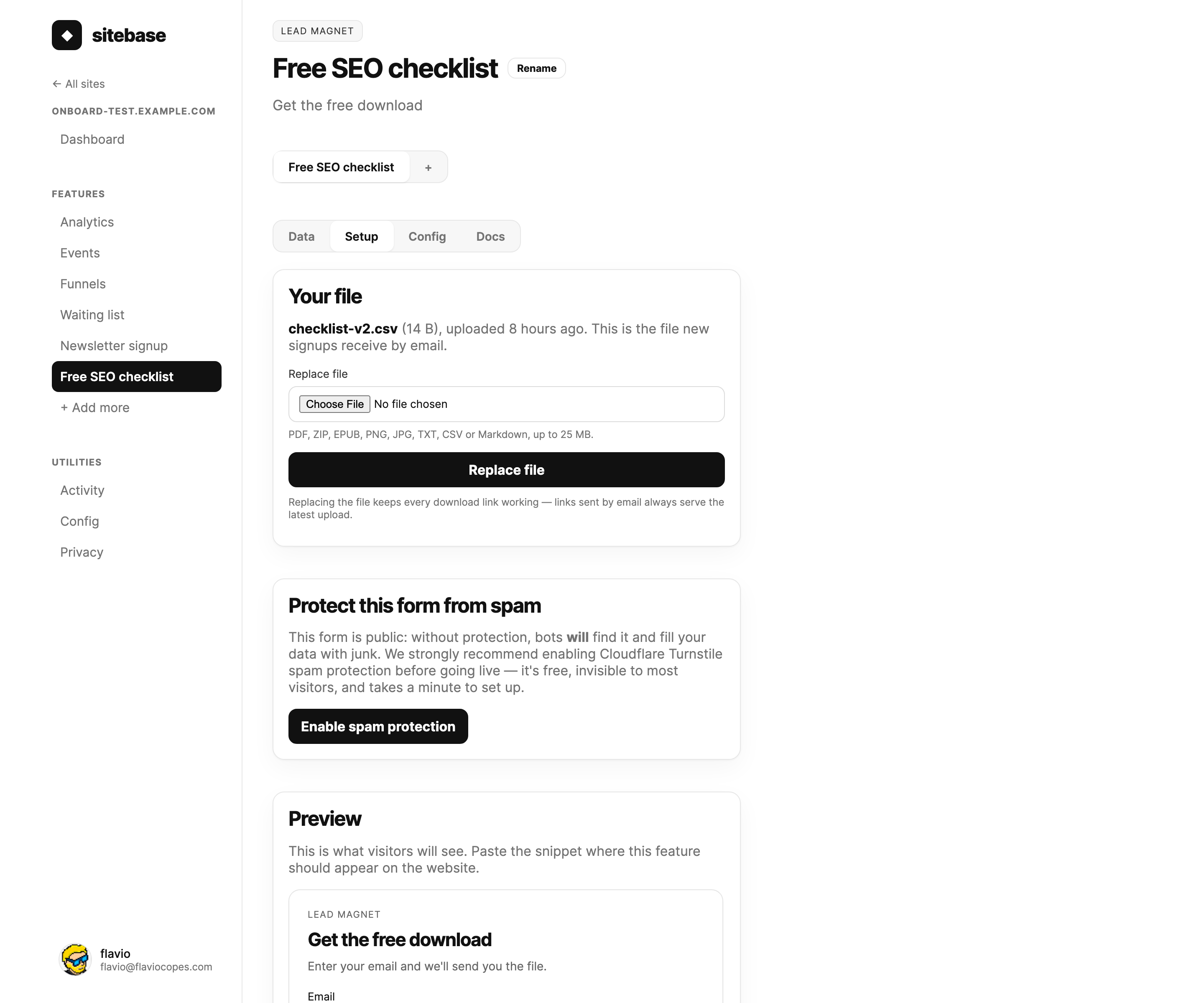 A lead magnet Setup tab showing the uploaded file card, live preview, and embed snippet