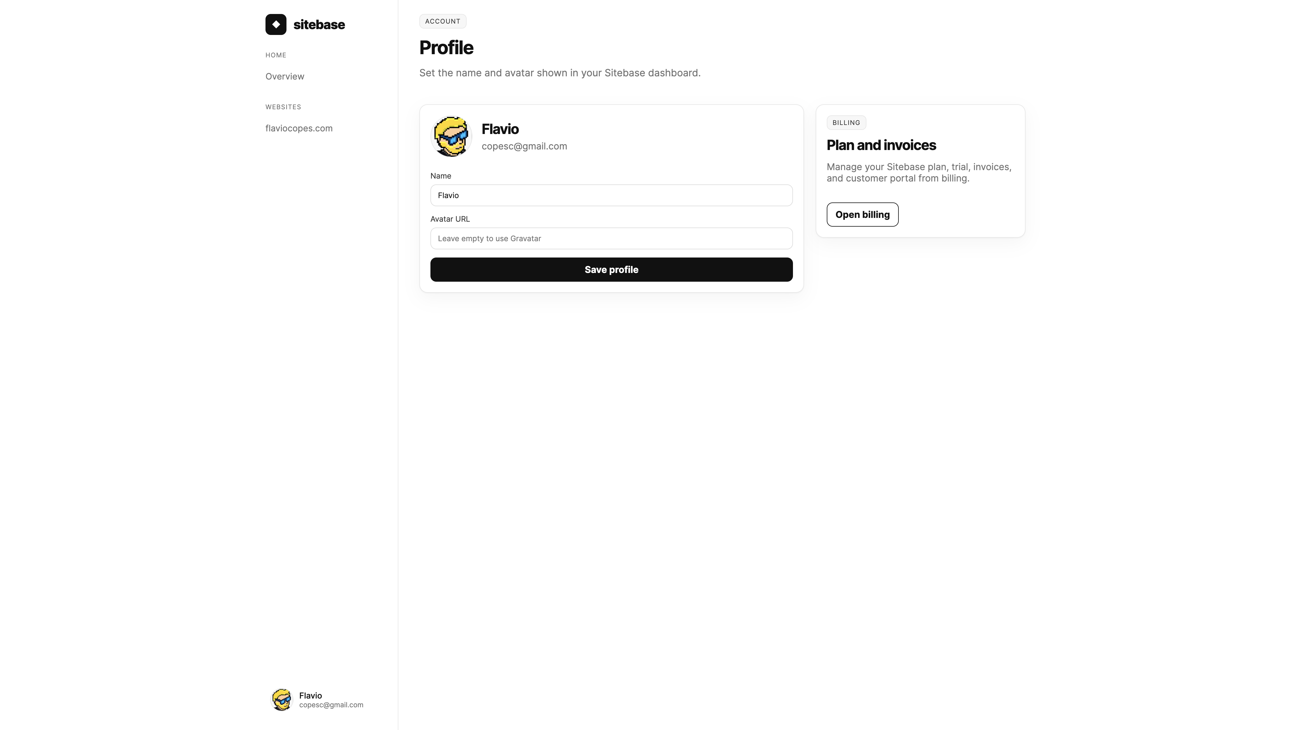 The profile page with name and avatar URL fields