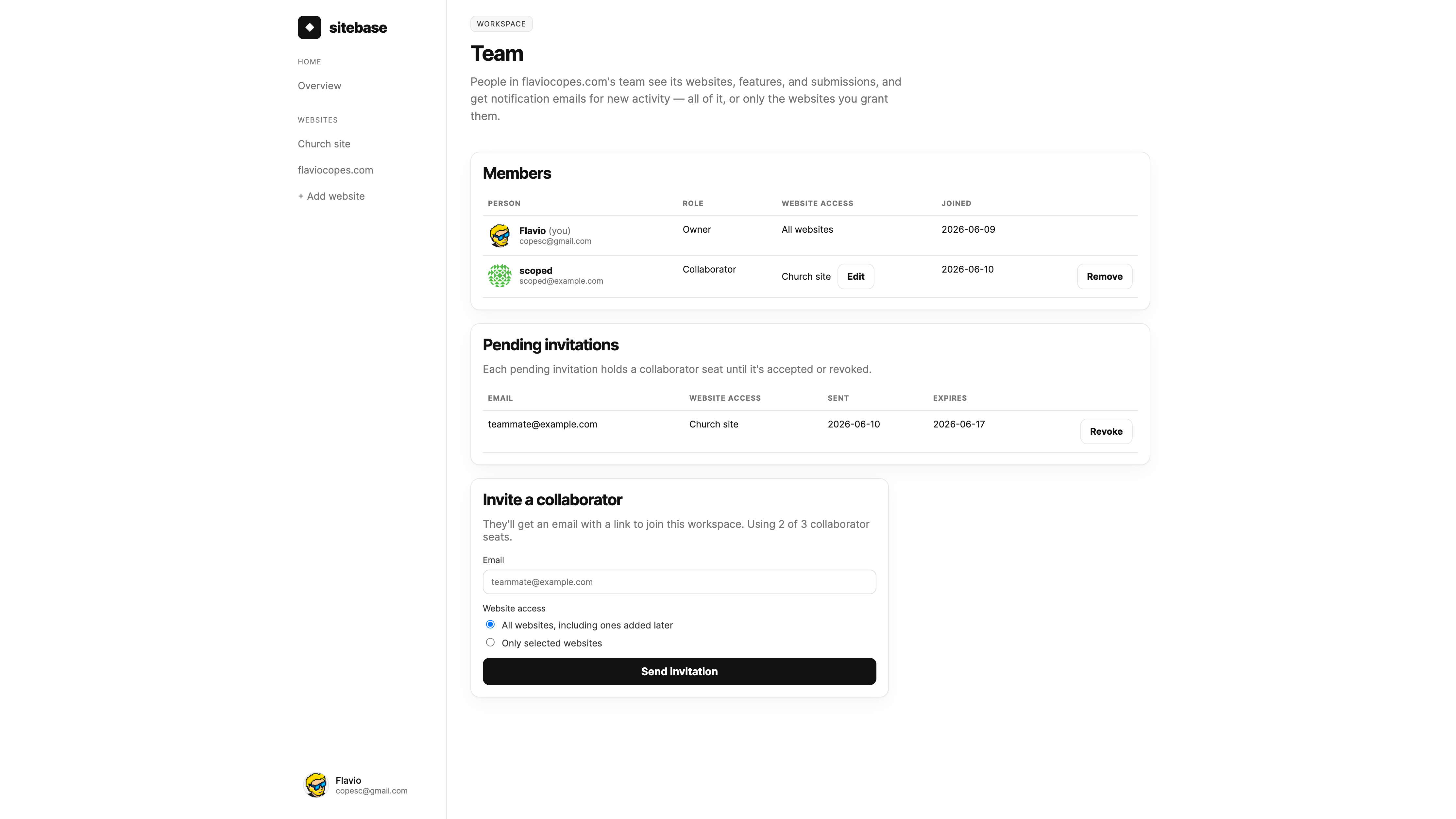 The Team page with a members list, a pending invitation, and the invite form